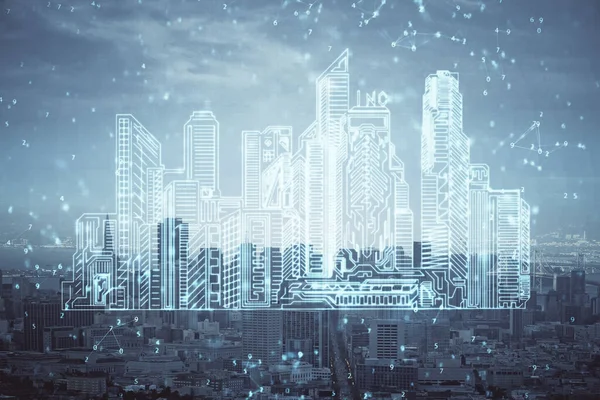 Double exposure of buildings hologram over cityscape background. Concept of smart city. — Stock Photo, Image