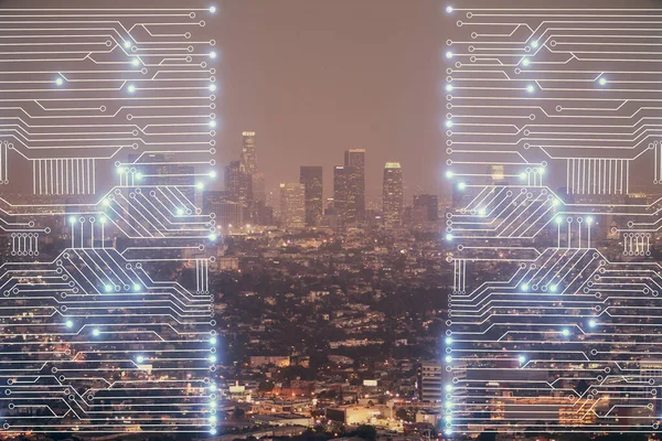 Dubbel exponering av teknik tema hologram och stadsbild bakgrund. Begreppet högteknologi. — Stockfoto