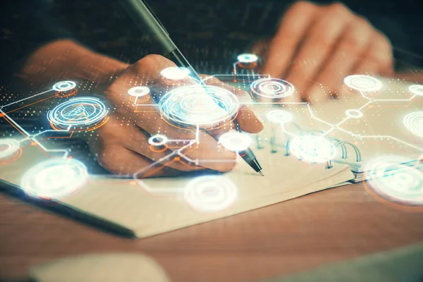 Holograma del tema de la red social sobre las manos de las mujeres escribiendo antecedentes. Concepto de personas internacionales conectan. Doble exposición — Foto de Stock