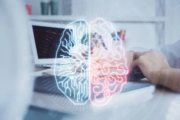 Multi exposition de la main d'écriture sur fond avec hologramme du cerveau. Concept d'apprentissage. — Photo