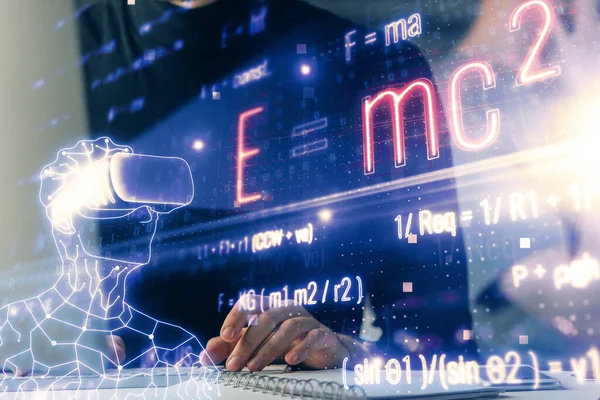 Science formula hologram with man working on computer on background. Education concept. Double exposure.