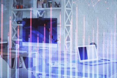 Finansal grafik çizimine ve ofis içi arka planına çifte maruz kalma. Borsa konsepti.