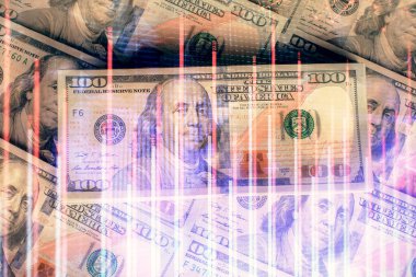 Forx grafiğinin çok sayıda görüntüsü bize dolar banknotları arka planında görünüyor. Finansal başarı piyasası kavramı.