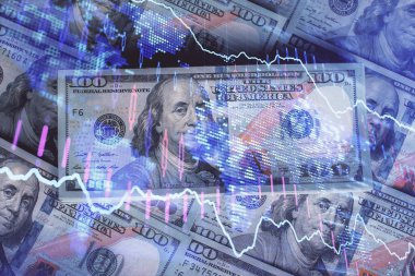 Forx grafiğinin çok sayıda görüntüsü bize dolar banknotları arka planında görünüyor. Finansal başarı piyasası kavramı.