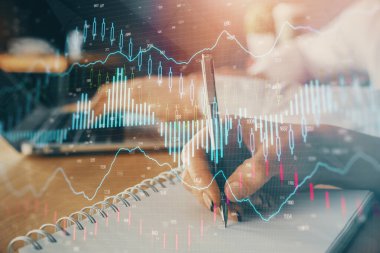 Ön x çizelgesinin arka plan notları alan insanların üzerini çizerken çift pozlama. Mali analiz kavramı