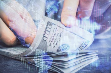 Forx grafiği, hologram, Amerikan dolarları ve insan eli çizimleri. Teknik Analiz kavramı.