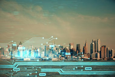 Veri temalı hologram gökdelenlerin arka planında çift pozlama ile şehir görünümüne çizim yapıyor. Teknoloji konsepti.