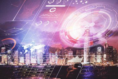 Veri temalı hologram gökdelenlerin arka planında çift pozlama ile şehir görünümüne çizim yapıyor. Ai kavramı.