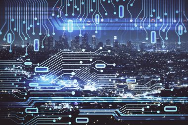 Veri temalı hologram gökdelenler arka planda çoklu pozlama ile şehir görünümüne çizim yapıyor. Ai kavramı.