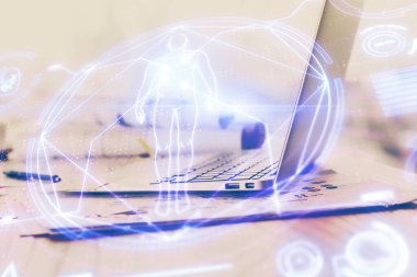 Masaüstü bilgisayar geçmişi ve eğitim teması çizimi. Çifte maruziyet. Konsept çalış.