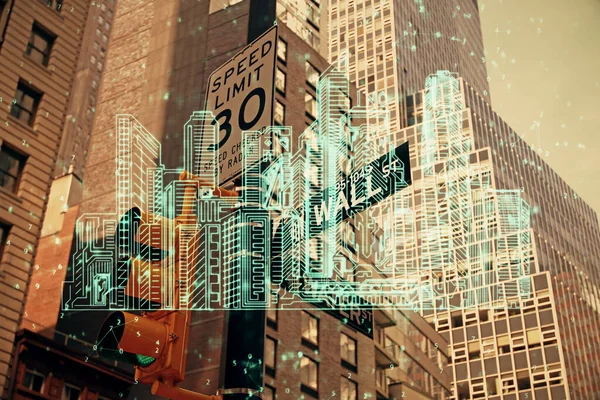 Dupla exposição do holograma dos edifícios sobre o fundo da paisagem urbana. Conceito de cidade inteligente. — Fotografia de Stock