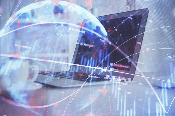 Forex market chart hologram and personal computer background. Double exposure. Concept of investment. — Stock Photo, Image