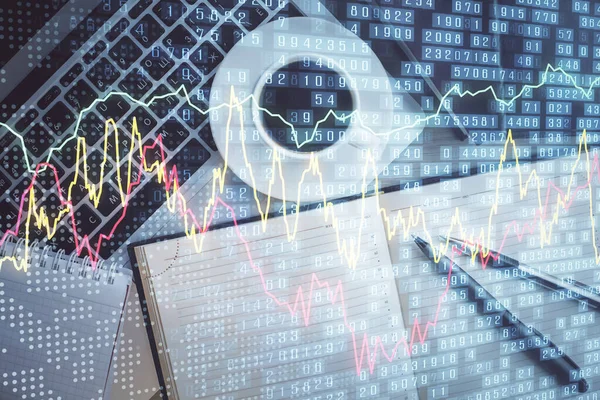 Börsendiagramm und Computer von oben auf dem Tischhintergrund. Doppelbelichtung. Konzept der Finanzanalyse. — Stockfoto