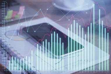 Ön plan çizimi ve cep telefonu arkaplanı çift pozlama. Mali veri analizi kavramı