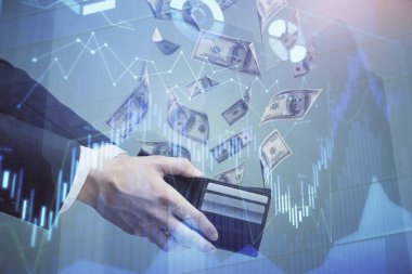 Finansal grafiğe çoklu pozlama hologram, Amerikan dolarları ve insan eli. Analiz kavramı.
