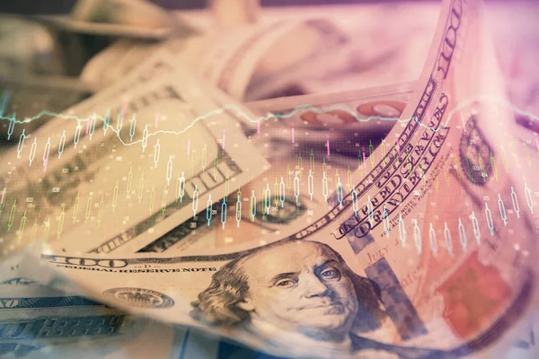 Dubbel exponering av forex diagram rita över oss dollar Bill bakgrund. Begreppet finansiella marknader. — Stockfoto