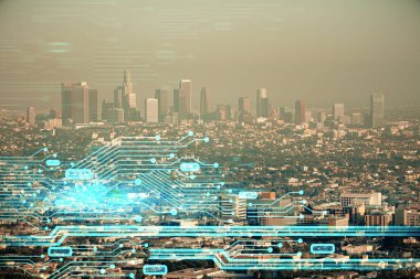 Veri temalı hologram gökdelenlerin arka planında çift pozlama ile şehir görünümüne çizim yapıyor. Teknoloji konsepti.