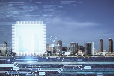 Veri temalı hologram gökdelenler arka planda çoklu pozlama ile şehir görünümüne çizim yapıyor. Büyük veri kavramı.