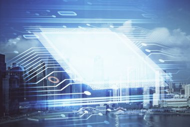 Veri temalı hologram gökdelenler arka planda çoklu pozlama ile şehir görünümüne çizim yapıyor. Büyük veri kavramı.