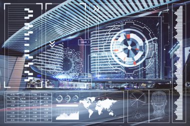 Veri temalı hologram gökdelenler arka planda çoklu pozlama ile şehir görünümüne çizim yapıyor. Büyük veri kavramı.