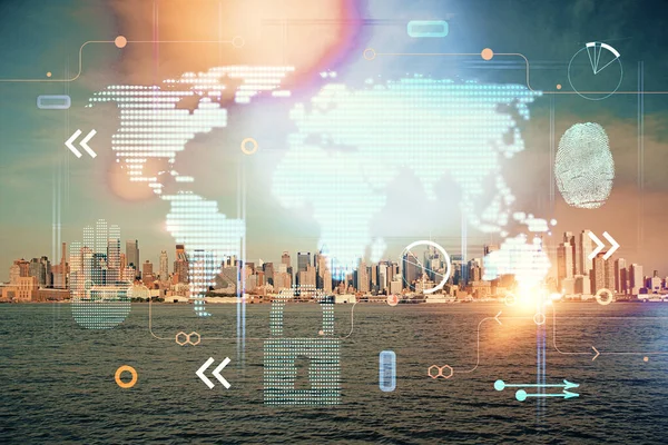 Térkép és adattéma hologram városnéző felhőkarcolók háttér kettős expozíció. Nemzetközi technológia az üzleti koncepcióban. — Stock Fotó