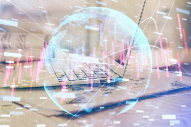 Arka planda eski pazar grafik hologramı ve kişisel bilgisayar var. Çoklu maruz kalma. Yatırım kavramı.