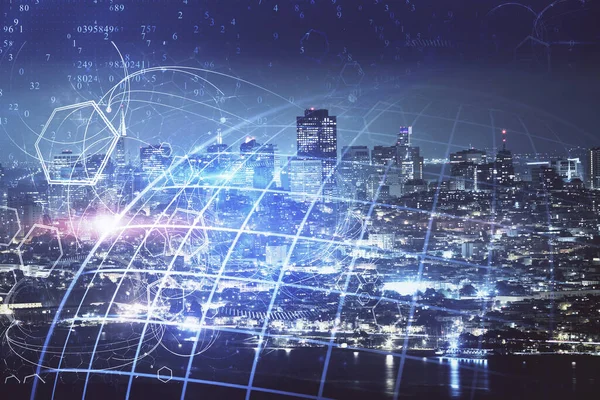 Karta och data tema hologram på stadsbilden med skyskrapor bakgrund dubbel exponering. Internationell teknik i affärsidé. — Stockfoto