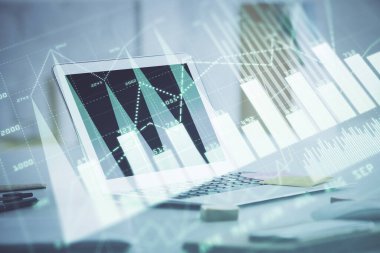 Bilgisayar geçmişi olan eski grafik hologramı. Çoklu maruz kalma. Finans piyasası kavramı.