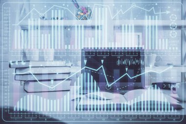 Finansal grafik renkli çizimler ve arka planda bilgisayar olan tablolar. Çoklu maruz kalma. Uluslararası pazarlar kavramı.