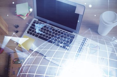 Adamın elleri uluslararası veri ile küresel ağ konu çifte pozlama ikonu. Küreselleşme kavramı.