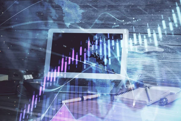 Hologramm des Finanzmarktgraphen und PC im Hintergrund. Mehrfachbelichtung. Konzept des Forex. — Stockfoto