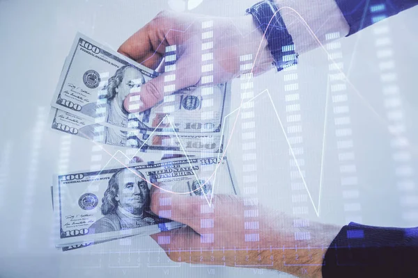 Multi blootstelling van de financiële grafiek tekenen hologram en Amerikaanse dollars rekeningen en man handen. Analyse concept. — Stockfoto