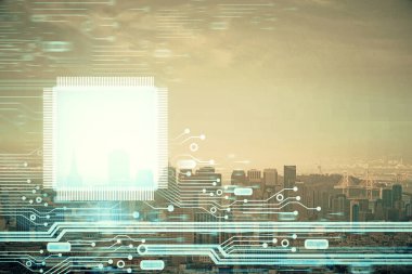 Veri temalı hologram gökdelenlerin arka planında çift pozlama ile şehir görünümüne çizim yapıyor. Teknoloji konsepti.