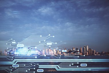 Veri temalı hologram gökdelenler arka planda çoklu pozlama ile şehir görünümüne çizim yapıyor. Büyük veri kavramı.