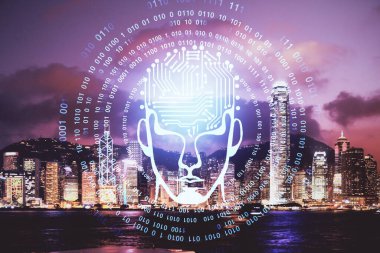 Şehrin arka planına beyin hologramı çizimi. Çifte maruz kalma. Beyin fırtınası konsepti.