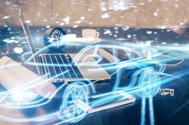 Otomobil hologramı çizimi olan masaüstü bilgisayar arkaplanı. Çoklu maruz kalma. Teknoloji kavramı.