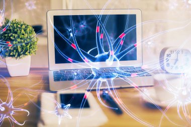 Masaüstü bilgisayar arkaplanı ve nöron çizimi. Çifte maruziyet. Eğitim kavramı.