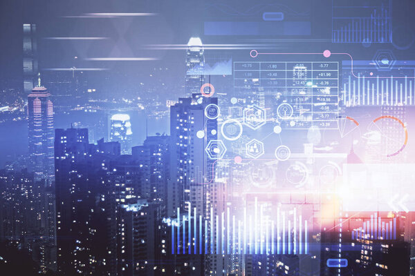 Data theme hologram drawing on city view with skyscrapers background double exposure. Ai concept.