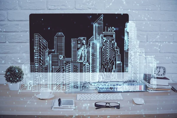 Computador de secretária fundo no escritório e edifícios da cidade grande holograma desenho. Dupla exposição. Conceito de cidade inteligente. — Fotografia de Stock