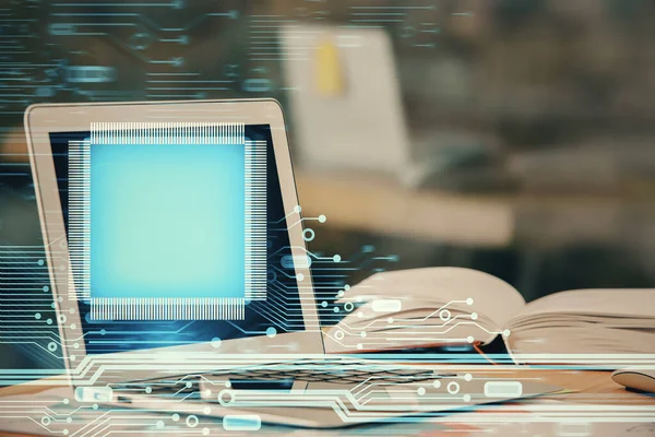 Doble exposición de la tabla con el ordenador en el fondo y el holograma tema de datos. Concepto de tecnología informática. —  Fotos de Stock