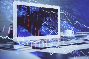 Eski pazar grafiği hologramı ve kişisel bilgisayar geçmişi. Çoklu maruz kalma. Yatırım kavramı.