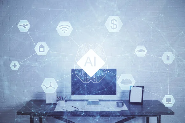 Double exposure of desktop computer and technology theme hologram. Concept of software development. — Stock Photo, Image