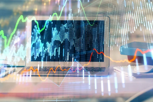 Οικονομικό γράφημα πολύχρωμο σχέδιο και πίνακα με υπολογιστή στο παρασκήνιο. Πολλαπλή έκθεση. Έννοια των διεθνών αγορών. — Φωτογραφία Αρχείου