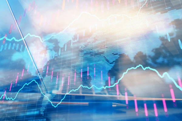 Forex Diagram hologram på bordet med datorbakgrund. Dubbel exponering. Begreppet finansiella marknader. — Stockfoto