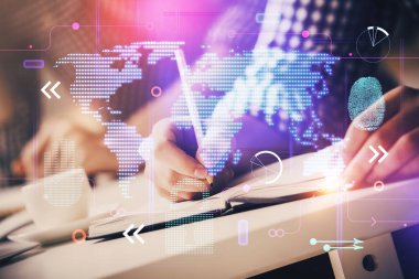 Çifte pozlama uluslararası bağlantı konsepti simgelerine sahip bir adam.