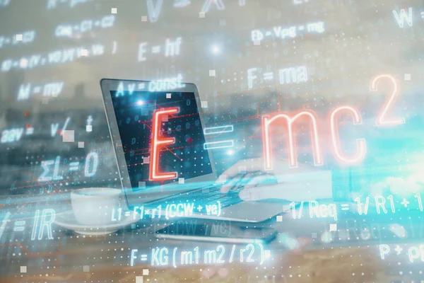 Science formula hologram with man working on computer on background. Education concept. Double exposure. — Stock Photo, Image