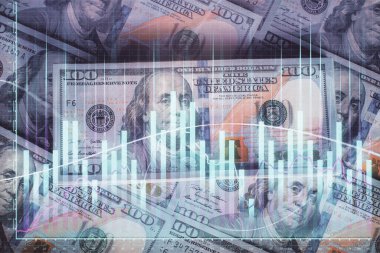 Forx grafiğinin çok sayıda görüntüsü bize dolar banknotları arka planında görünüyor. Finansal başarı piyasası kavramı.