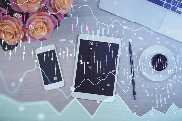 Double exposure of forex graph hologram over desktop with phone. Top view. Mobile trade platform concept. — Stock Photo, Image