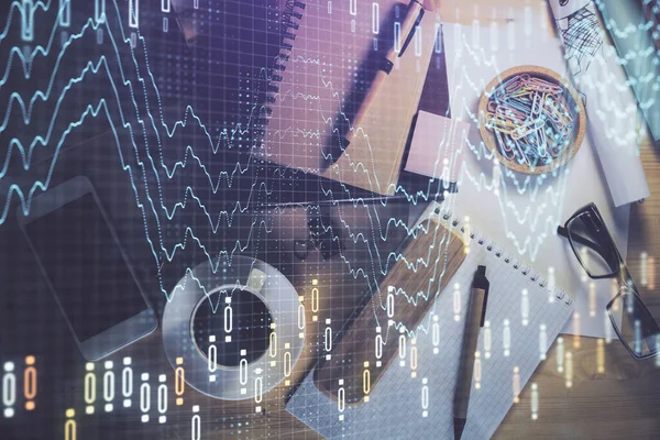 Double exposure of forex graph drawing and work table top veiw. Concept of financial analysis. — Stock Photo, Image