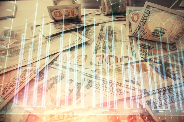 Multi exposición de gráfico de divisas dibujo sobre nosotros dólares fondo de la factura. Concepto de mercados de éxito financiero. —  Fotos de Stock